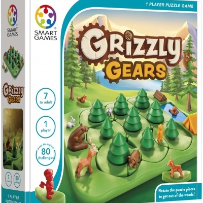 Caixa do jogo Grizzly Gears da Smart Games com peças de puzzle em forma de árvores e animais