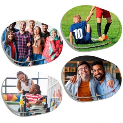 Quatro porta-copos com imagens de pessoas em diferentes situações sociais e desportivas