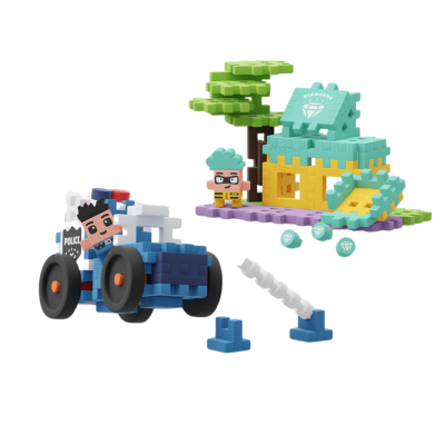 Blocos de construção com carro de polícia e casa colorida