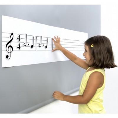 Criança a tocar em painel com notas musicais e clave de sol.