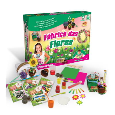 Kit educativo Fábrica das Flores com materiais para jardinagem e criação de flores