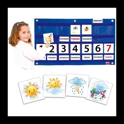 Calendário pedagógico com dias da semana e cartões de tempo, com uma menina ao lado