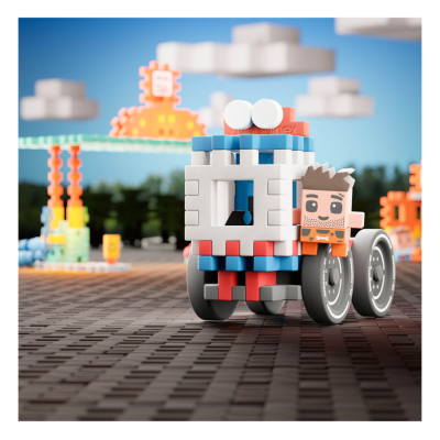 Brinquedo blocos coloridos com figura personagem e rodas num cenário de parque