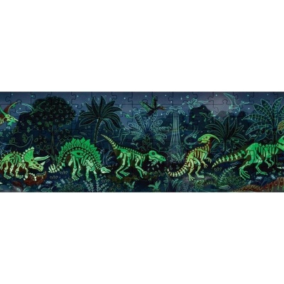 Puzzle ilustrado de dinossauros com fundo escuro e vegetação