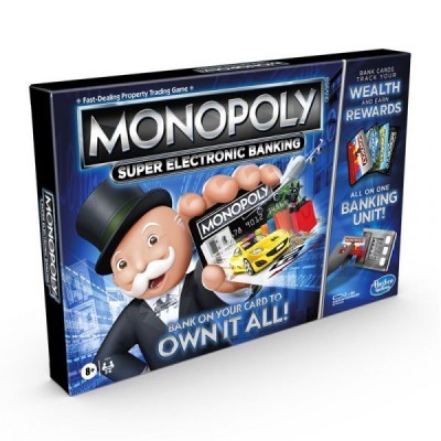 Caixa do jogo Monopoly Super Electronic Banking com personagem e cartões bancários