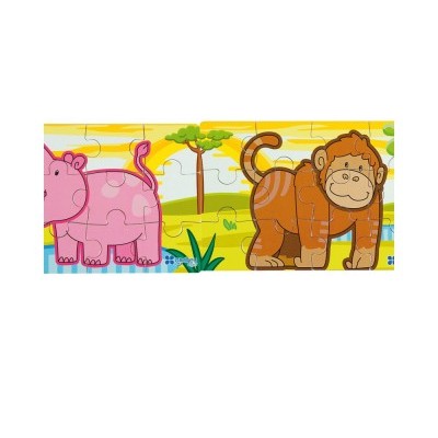 Quebra-cabeças infantil com hipopótamo rosa e macaco castanho em paisagem colorida