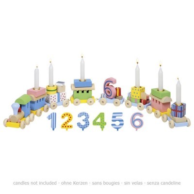 Comboio de brinquedo colorido em madeira com velas e números