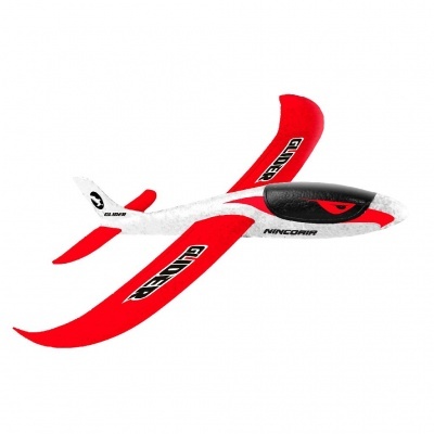 Avião de brinquedo espuma vermelho, branco e preto com texto GLIDER e NINCOAIR