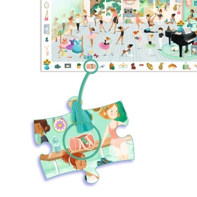Peça de puzzle com cena de aula de ballet com meninas e acessórios no estúdio