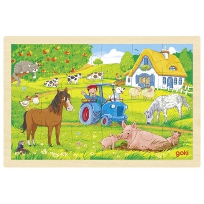 Puzzle infantil em madeira com imagem de quinta e animais, texto goki