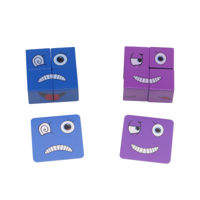 Blocos de madeira azul e roxo com rostos desenhados expressando emoções