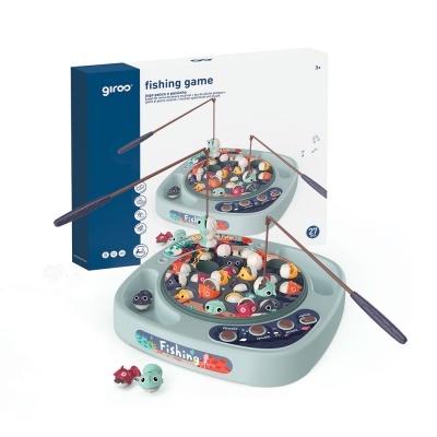 Jogo de pesca infantil com tabuleiro verde e peixes coloridos em fundo branco