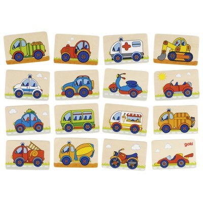 Peças de madeira com desenhos coloridos de vários veículos