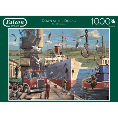 Caixa de quebra-cabeças com imagem de porto, navio, caminhão e gaivotas.