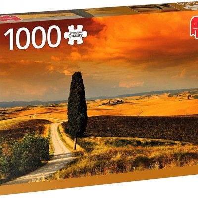 Caixa de puzzle de 1000 peças com paisagem rural ao pôr do sol.