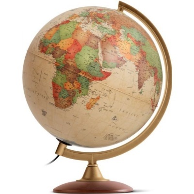 Globo terrestre com suporte dourado e base de madeira