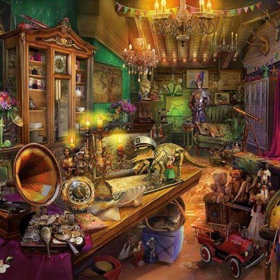 Sala antiga com móveis em madeira, fonógrafo, livros, relógio, armadura e papagaio