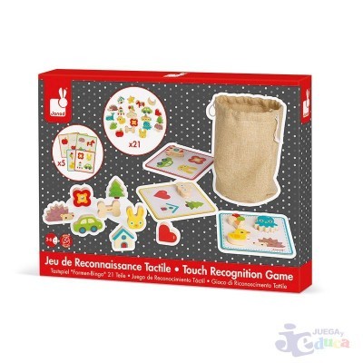 Embalagem de jogo tátil com peças de madeira coloridas e saco de pano bege