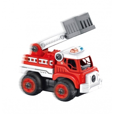 Carrinho de bombeiros de brinquedo vermelho, branco e cinzento com escada elevatória