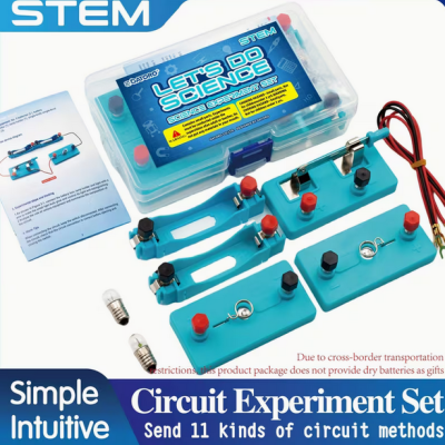 Conjunto de experimento científico STEM para circuitos com peças azuis, lâmpadas e fios