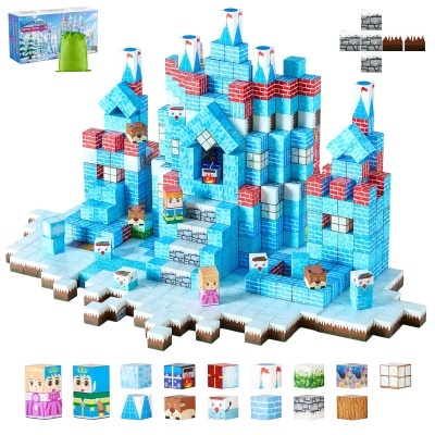 Blocos magnéticos para construir castelo glacial com personagens, embalagem e saco verde.