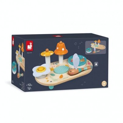 Brinquedo musical de madeira colorido para bebés na caixa