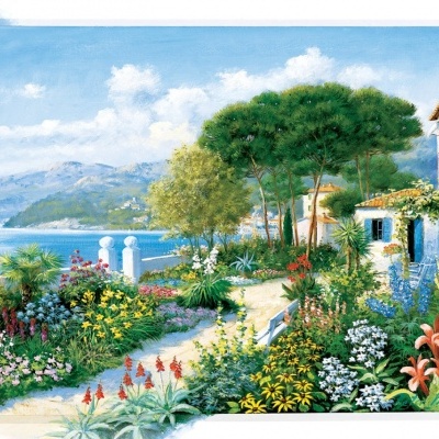 Paisagem mediterrânica com jardim florido, casa branca, árvores e mar de fundo