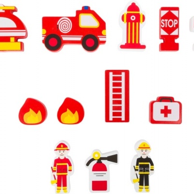 Brinquedos de bombeiros e objetos relacionados em várias cores