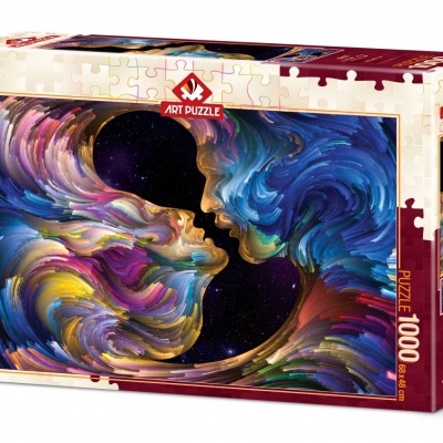 Caixa de puzzle com imagem abstrata de dois perfis humanos coloridos