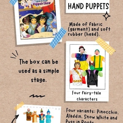 Conjunto de fantoches de mão de quatro personagens de contos de fadas com embalagem que serve de palco