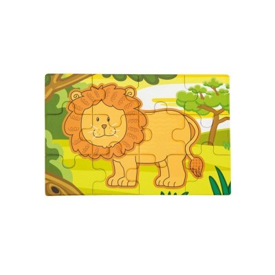 Quebra-cabeças de madeira com ilustração de leão em ambiente natural