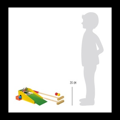 Jogo de croquet em madeira colorida com tacos e bolas junto a silhueta infantil e régua de 26 cm