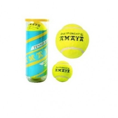 Bolas de ténis amarelas com embalagem cilíndrica azul e amarela