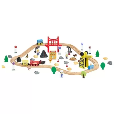 Conjunto de brinquedo em madeira com comboio e acessórios de construção e ambiente natural