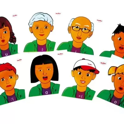 Oito rostos desenhados de personagens com diferentes expressões e roupas verdes e roxas.