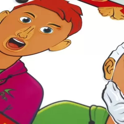 Ilustração de duas personagens, jovem ruivo e idoso com barba branca, em papel impresso.