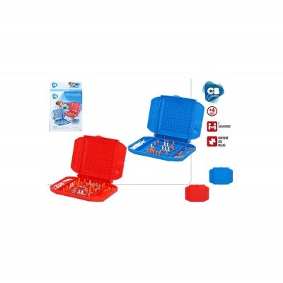 Jogo de batalha naval com tabuleiros em vermelho e azul e peças