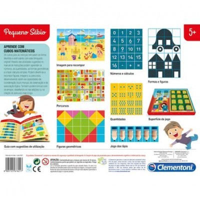 Parte traseira da caixa do brinquedo educativo Pequeno Sábio com diferentes jogos de matemática para crianças a partir dos 5 anos