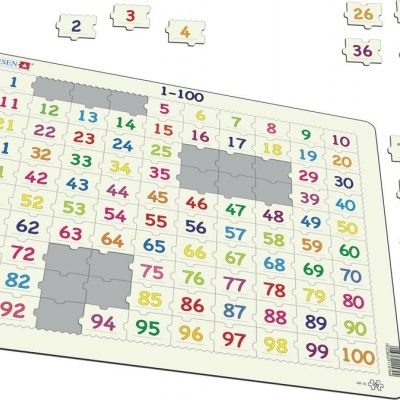 Tabuleiro de jogo de madeira com números coloridos de 1 a 100 e peças removíveis numeradas