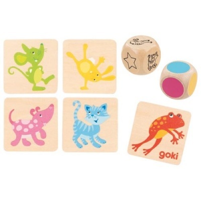 Peças de madeira coloridas para jogo infantil com imagens de animais e dois dados