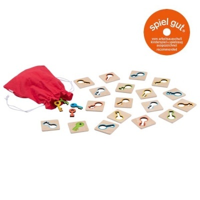 Jogo de peças de madeira coloridas com saco vermelho e selo Spiel Gut