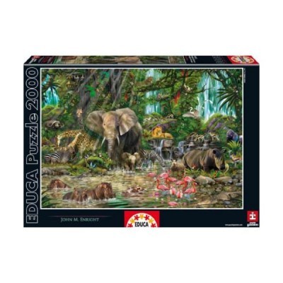 Caixa de quebra-cabeças Educa Puzzle 2000 peças com imagem de animais selvagens numa floresta tropical.