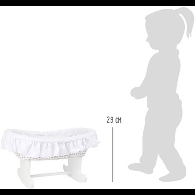 Mini berço de boneca branco com saia branca, medida 29 cm