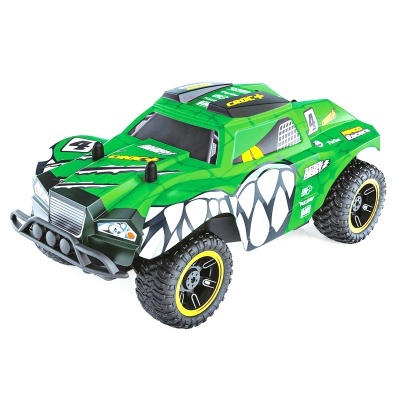 Carro de controlo remoto verde com pneus grossos e detalhes em branco e preto