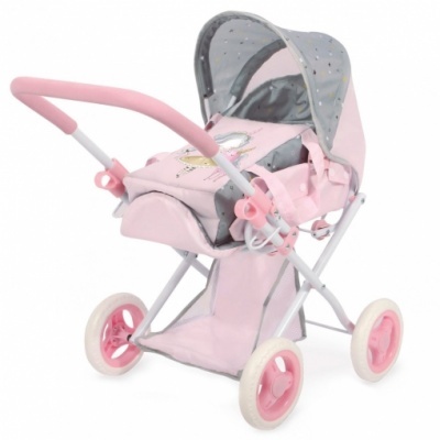 carrinho de boneca rosa e cinza com capota e rodas cor de rosa