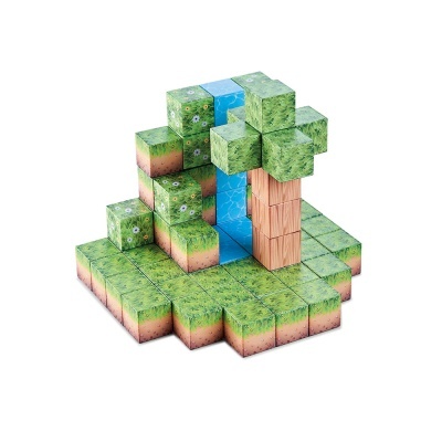 Modelo 3D de blocos com texturas de relva, terra, água e madeira formando árvore