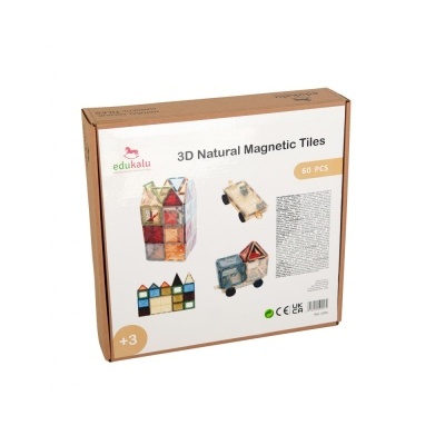 Caixa com 60 peças magnéticas 3D naturais da edukalu, para crianças a partir dos 3 anos