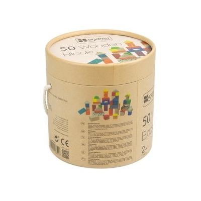 Frasco de cartão com blocos de madeira coloridos para crianças