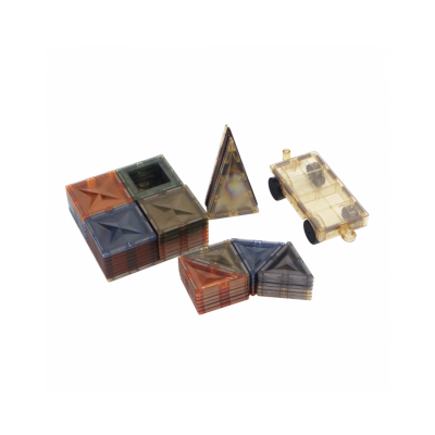 Blocos magnéticos coloridos e base com rodas sobre fundo branco