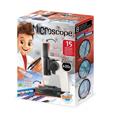 Caixa de microscópio infantil Buki Sciences com lupa e amostras incluídas